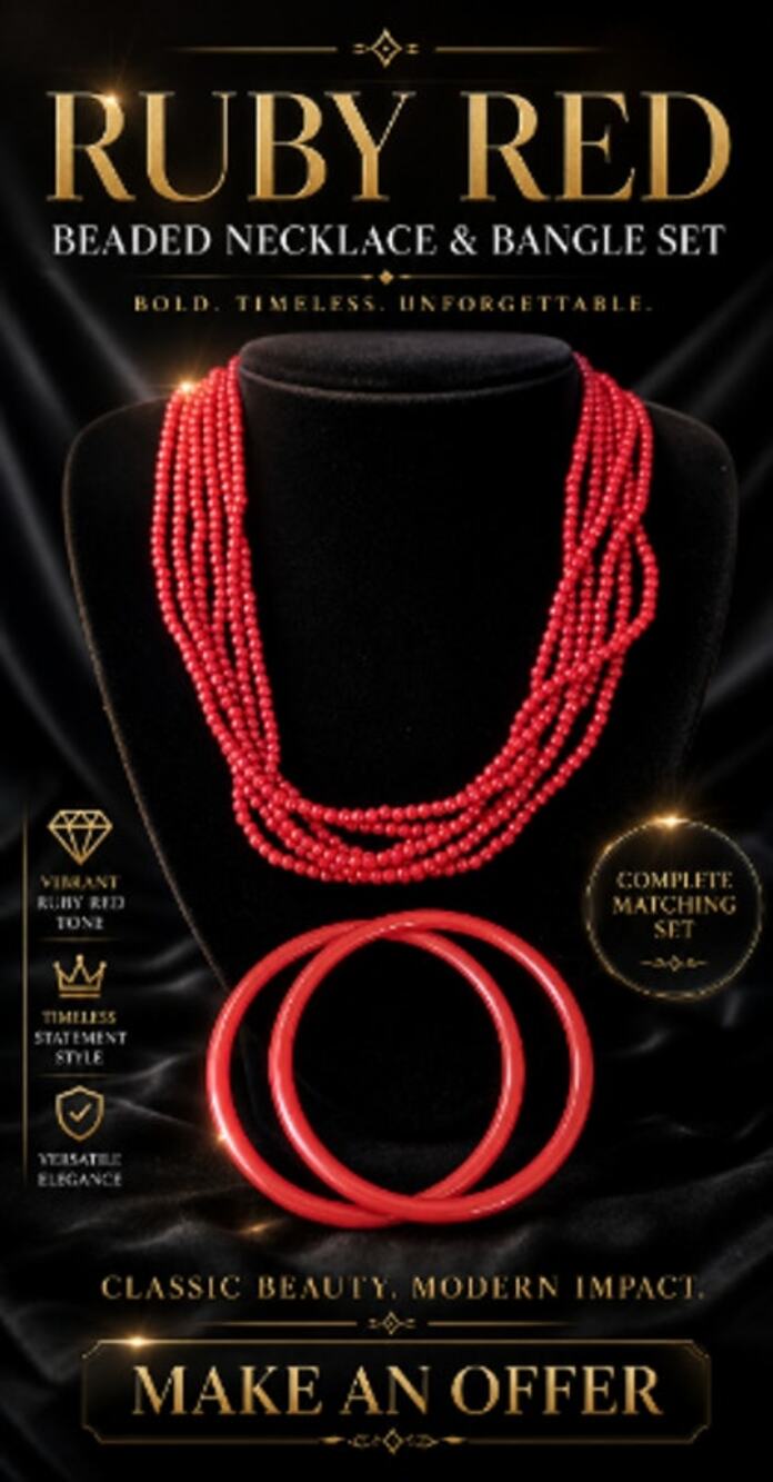 VTG Red Multi Strand Seed Bead Necklace & 2 Bangle Bracelets Set Boho Statement